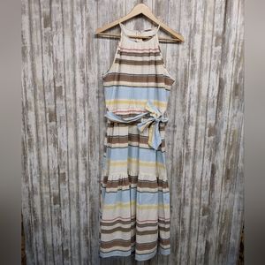 DKNY Women’s Cotton Halter-Neck Midi Belt Dress Ivory Multicolor Size 6 NWT $139